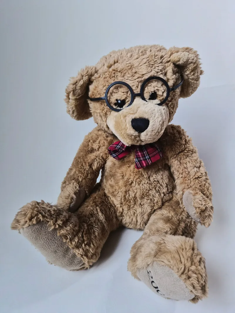 Curly caramel-brown teddy bear sitting against a white background, wearing round black spectacles and a red tartan bow tie, with suede paw pads and an embroidered year partially visible on his left foot pad