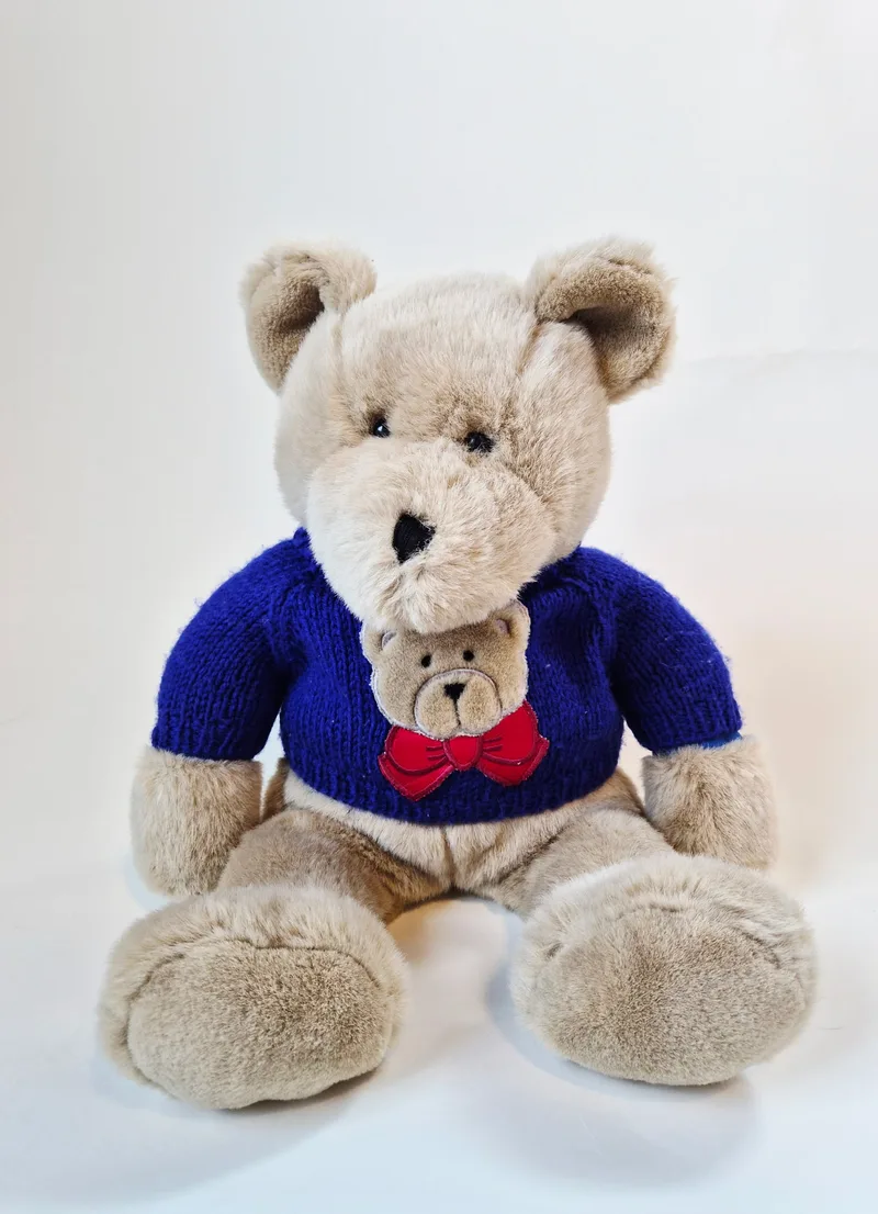 Light tan plush teddy bear sitting upright, wearing a navy blue knitted sweater with an appliqué bear face and red bow on the chest