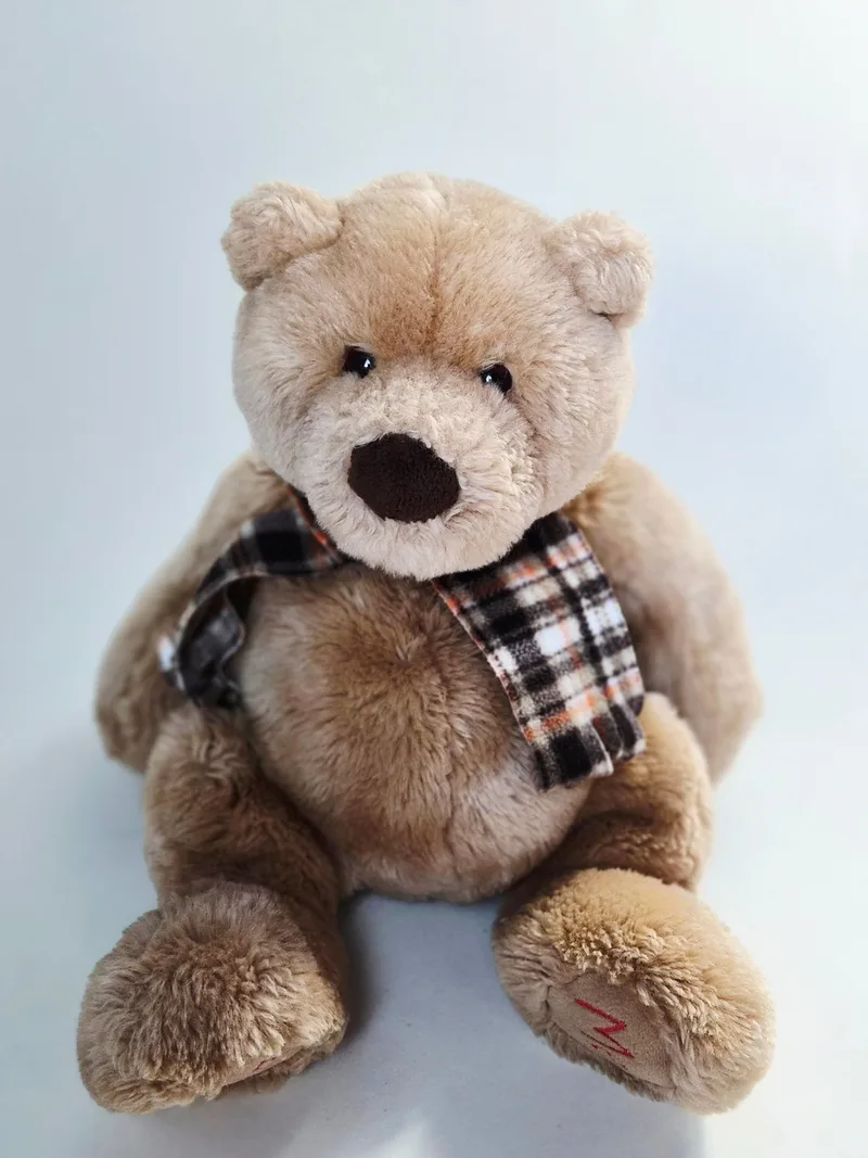 Plush tan Gund teddy bear sitting against a white background, wearing a brown, cream, and orange plaid fleece scarf, with a large dark brown nose and red embroidery on one foot pad
