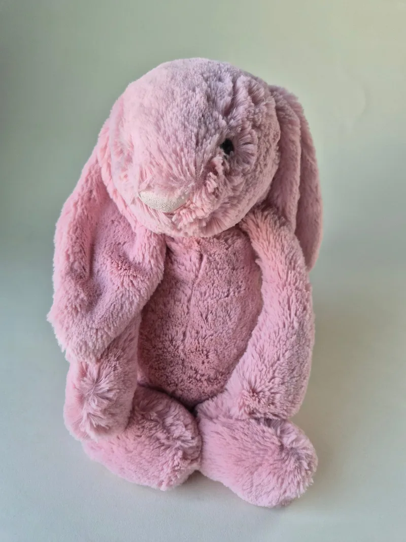 Front view of a pink Jellycat lop bunny with long floppy ears and black bead eyes