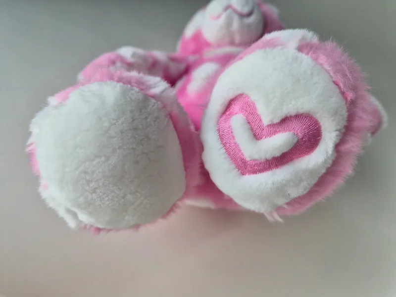 Close-up of the bear's white foot pads, one embroidered with a two-tone pink heart