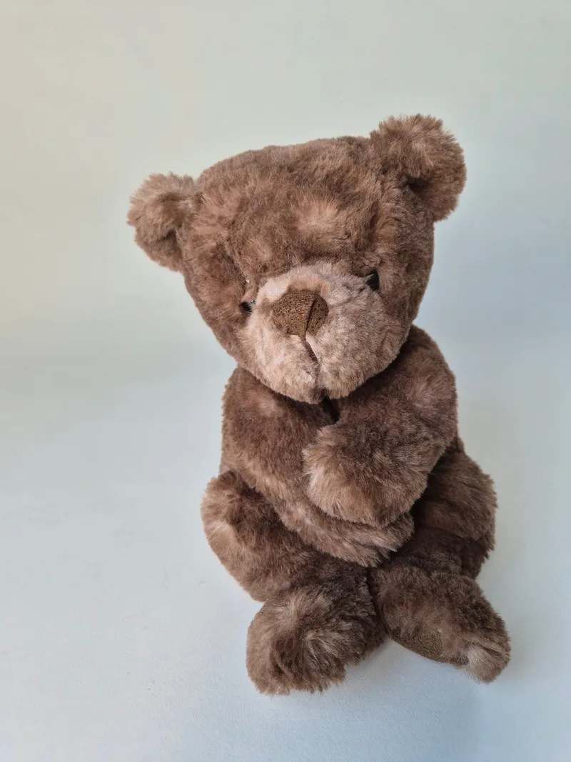 Chocolate-brown Bukowski teddy bear seated upright with suede muzzle and small black eyes