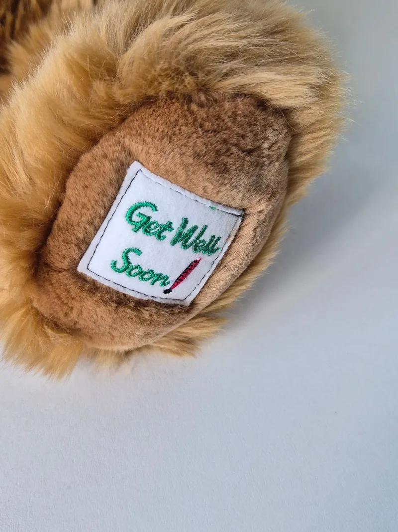 Close-up of the bear's tan foot sole with a white "Get Well Soon" badge embroidered in green with a small red thermometer
