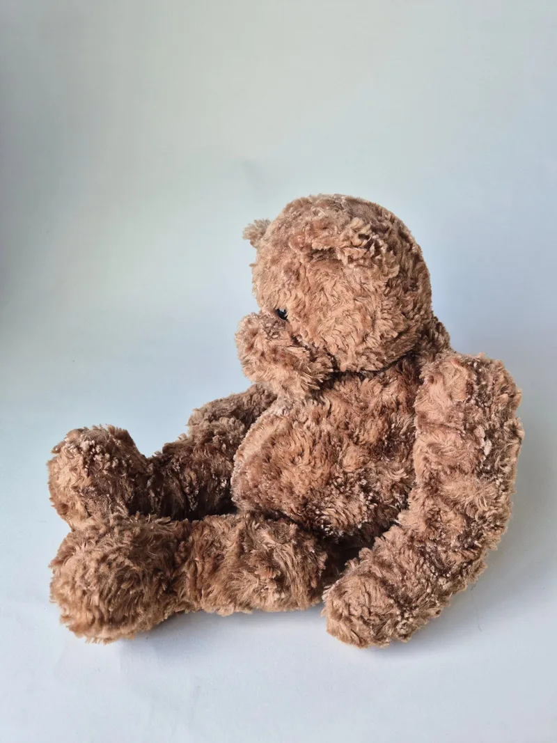 Side profile of the same brown teddy showing dense curly shag and long draped arms