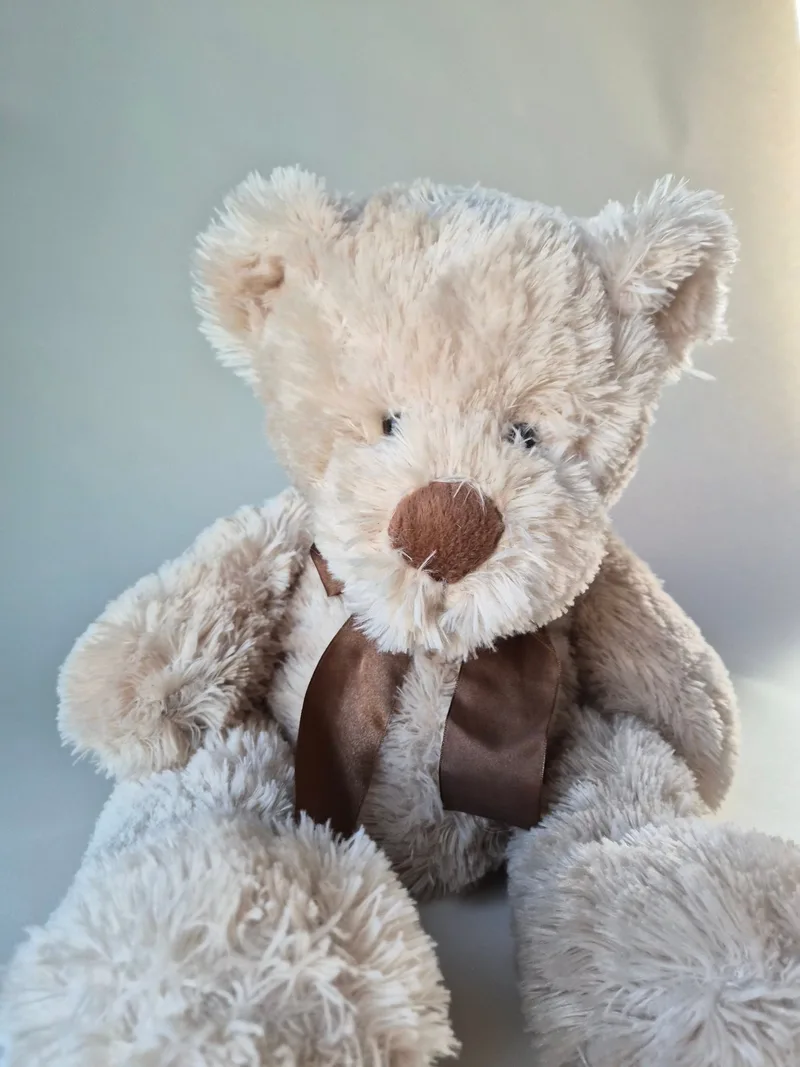 Close-up of a shaggy cream teddy bear with a brown suede muzzle, black bead eyes, and a dark brown satin ribbon