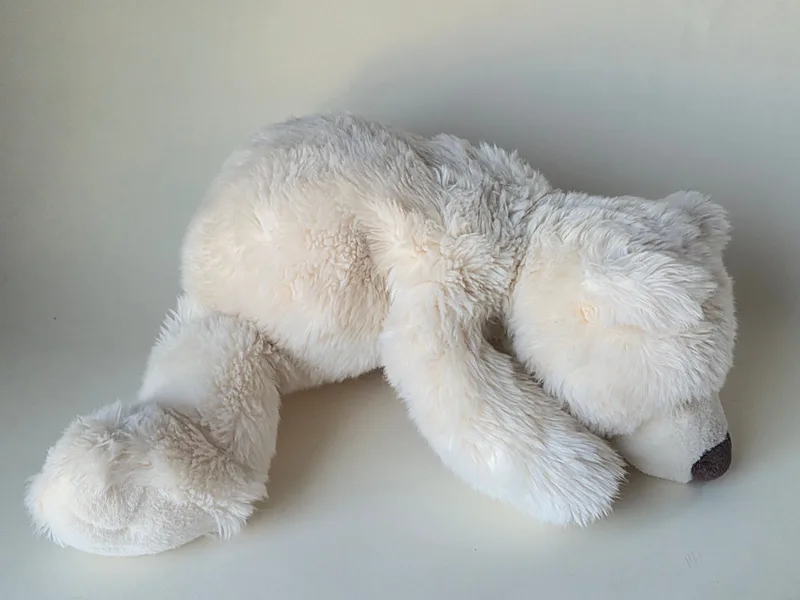 Full side view of the lying-down polar bear with front legs splayed forward and hind legs extended