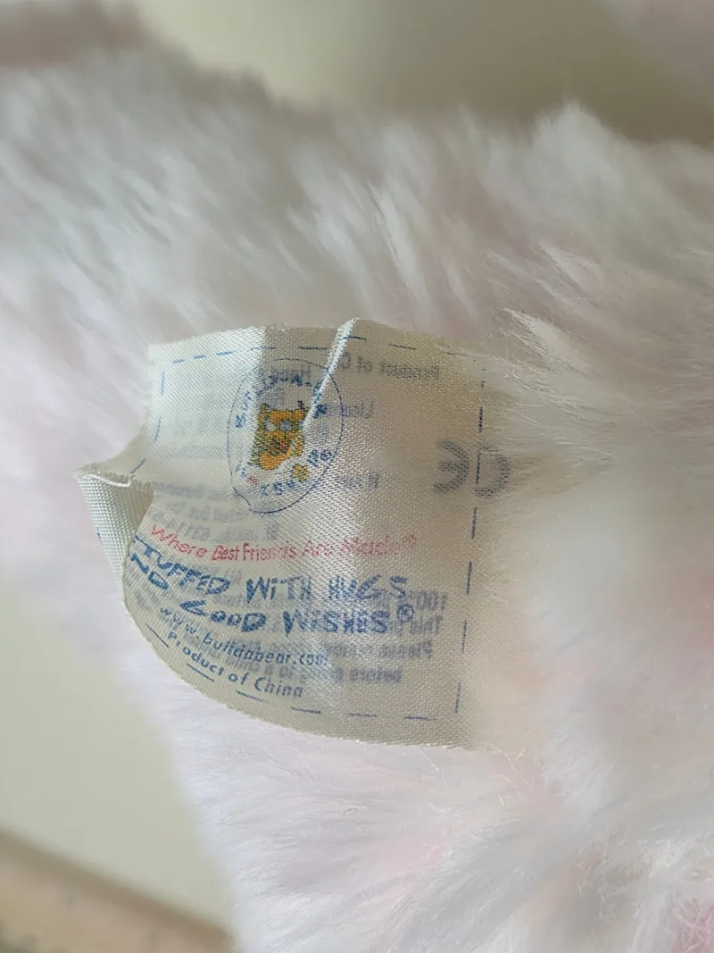 Close-up of the bear's fabric tag reading 'Where Best Friends Are Made' and 'Stuffed With Hugs and Good Wishes.'