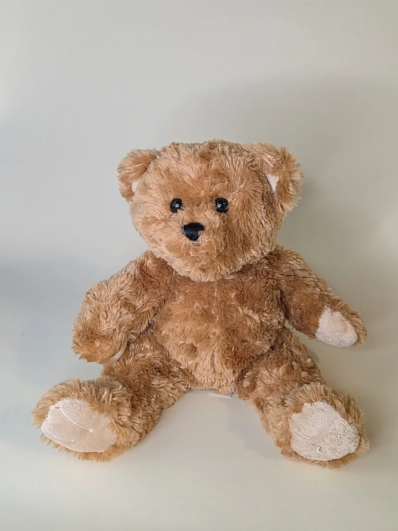 Front view of a seated honey-gold teddy bear with black bead eyes and a stitched black nose, cream paw pads visible.