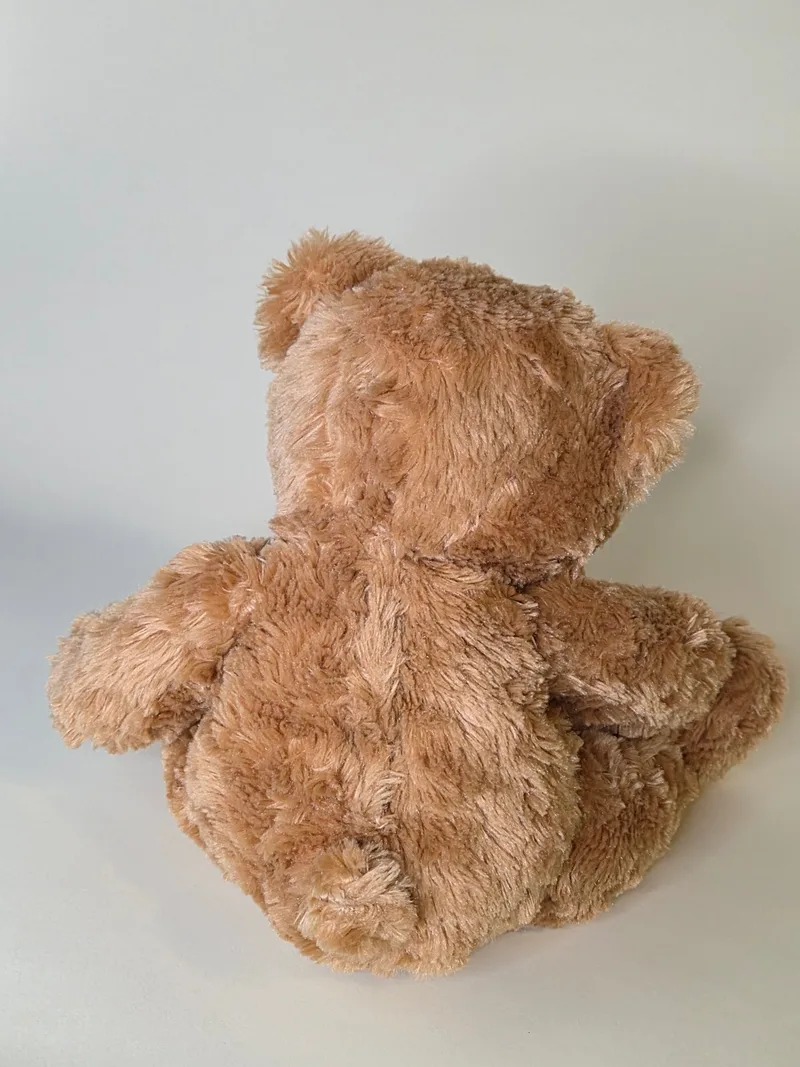 Back view of the honey-gold teddy bear showing shaggy fur and rounded ears.