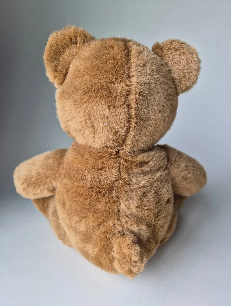 Rear view of the teddy bear showing its fluffy fur texture and center back seam.